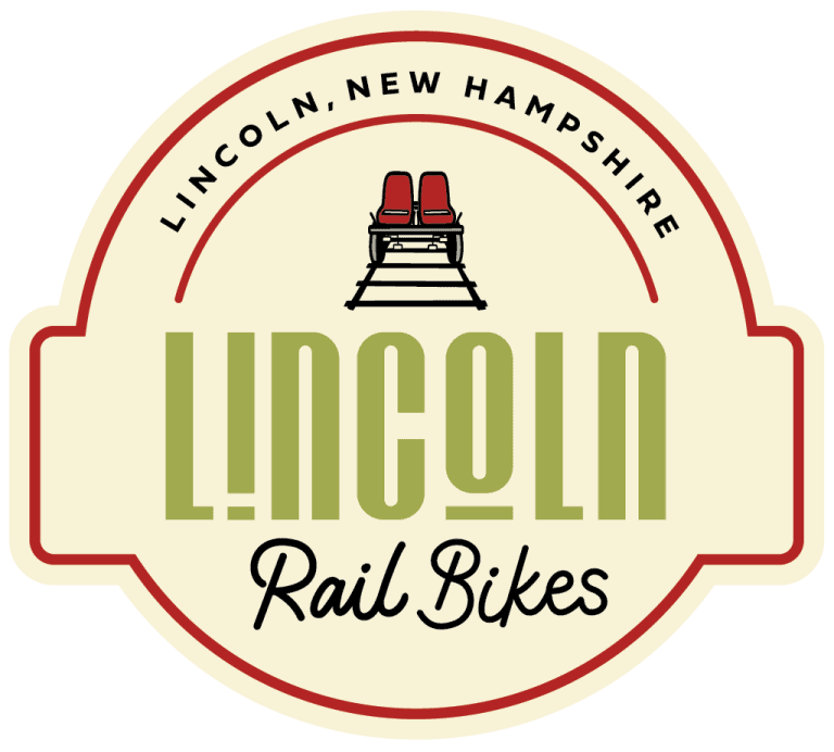 Lincoln Rail Bikes logo with red seats and track illustration in New Hampshire.